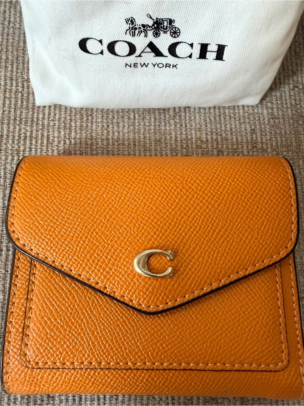 Coach Orange Leather Compact Wallet with Gold 'C' Hardware